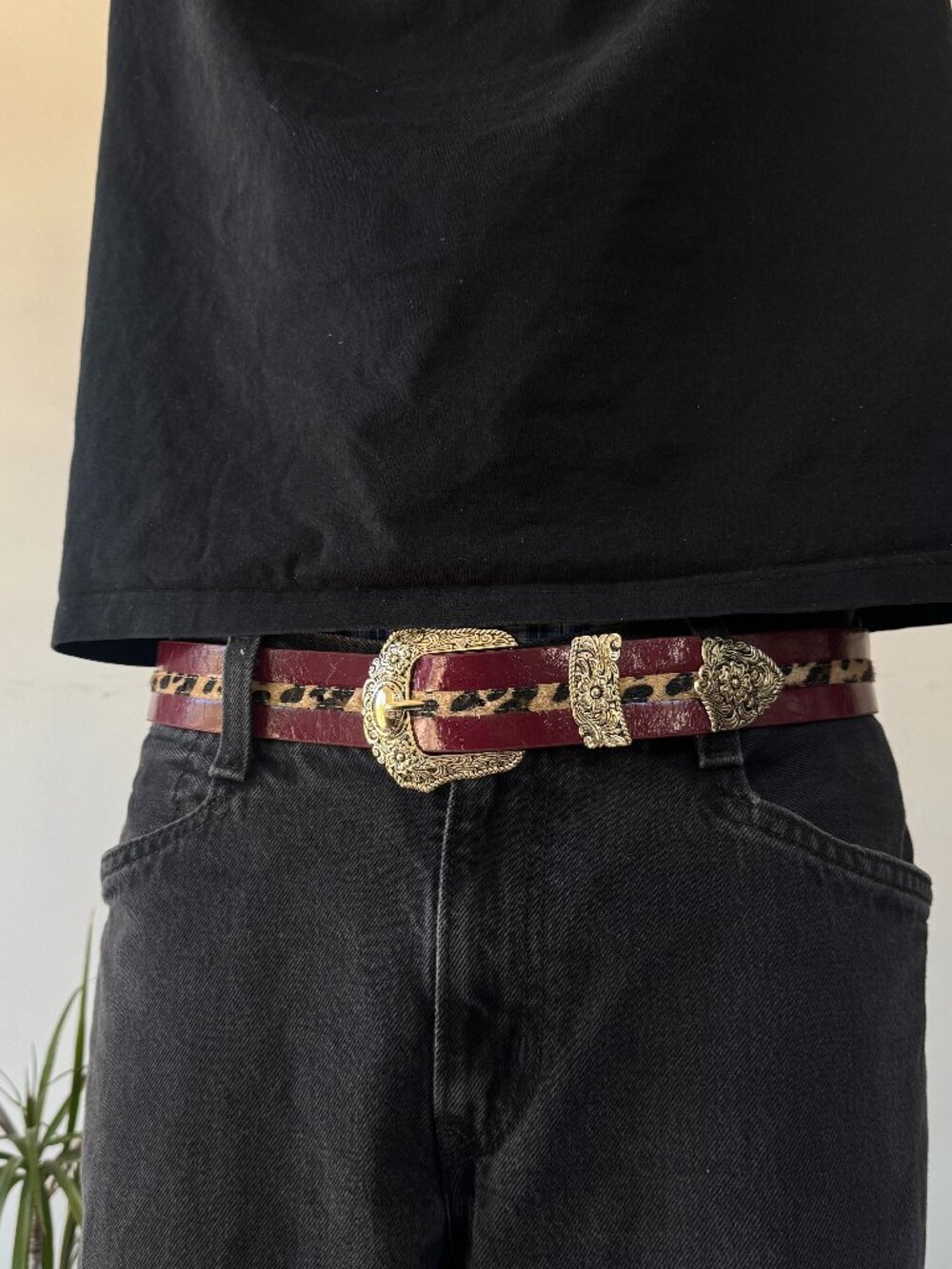 Deep Burgundy Leopard Inlay Ornate Western Belt